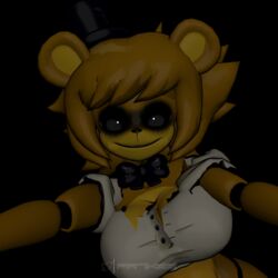  1:1 2022 3d_(artwork) absurd_res anthro bear black_bow_tie black_sclera black_top_hat blonde_hair bow_tie clothing digital_media_(artwork) female five_nights_at_freddy&#039;s floating_limbs fredina&#039;s_nightclub fur golden_freddy_(fnaf) golden_fredina_(cally3d) hair hat headgear headwear hi_res mammal pupils scottgames sheeple3d shirt small_pupils smile smiling_at_viewer solo top_hat topwear torn_clothing white_clothing white_eyes white_shirt white_topwear yellow_body yellow_fur 