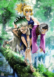  2boys aqua_eyes asagiri_gen asymmetrical_hair bare_legs black_hair blue_dress breasts carrying carrying_under_arm choker cliff commentary cracked_skin dr._stone dress empty_eyes english_commentary female finger_in_ear forest geta green_hair grey_hair highres ishigami_senkuu kohaku_(dr._stone) log long_hair medium_breasts multicolored_hair multiple_boys nature photoshop_(medium) red_eyes sandals scar scared short_ponytail spiked_hair split-color_hair the_golden_smurf toes trembling two-tone_hair whistling 