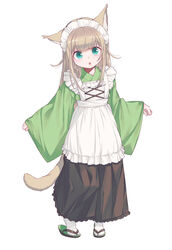  40hara animal_humanoid apron asian_clothing bottomwear cat_humanoid clothed clothing east_asian_clothing felid felid_humanoid feline feline_humanoid female footwear green_eyes hair hakama haori hi_res humanoid japanese_clothing kinako_(40hara) lolicon maid_headdress mammal mammal_humanoid open_mouth sandals simple_background socks socks_with_sandals solo tan_hair white_background young 