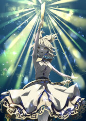  absurdres bracelet brown_eyes earmuffs feet_out_of_frame female hair_between_eyes highres holding jewelry light_brown_hair open_mouth otomeza_ryuseigun pointy_hair purple_skirt ritual_baton sheath sheathed shirt short_hair skirt sleeveless sleeveless_shirt solo sword touhou toyosatomimi_no_miko weapon white_shirt 