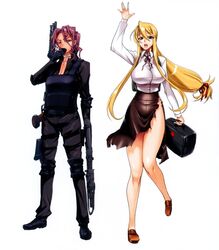  2girls absurdres arm_up breasts brown_eyes brown_hair bulletproof_vest cigarette cleavage collar collarbone first_aid_kit full_body gun h&amp;k_psg1 highres highschool_of_the_dead holster huge_breasts knee_pads legs long_hair long_legs looking_at_viewer marikawa_shizuka minami_rika multiple_girls open_mouth pants photoshop_(medium) purple_eyes purple_hair rifle satou_shouji scan side_slit skirt sniper_rifle thighs torn_clothes torn_skirt waving_arm weapon 