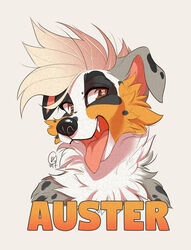  2017 ambiguous_form ambiguous_gender anthro australian_shepherd black_body black_fur black_nose black_spots brown_eyes bust_portrait canid canine canis character_name cheek_tuft con_badge digital_media_(artwork) domestic_dog english_text eye_markings facial_markings facial_tuft fangs floppy_ears fluffy front_view fur furlana grey_background grey_body grey_fur grey_spots hair head_markings herding_dog hi_res looking_at_viewer mammal markings multicolored_body multicolored_fur name_badge neck_tuft nude open_mouth open_smile orange_body orange_fur pastoral_dog pink_tongue portrait sheepdog short_hair simple_background smile solo spots spotted_body spotted_fur teeth text tongue tuft white_body white_fur white_hair 