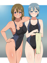  2girls blue_eyes brown_hair commentary_request competition_swimsuit cowboy_shot gradient_background highleg highleg_swimsuit highres holding holding_towel kagemusha long_hair looking_at_viewer multiple_girls one-piece_swimsuit original parted_lips purple_eyes short_hair silver_hair smile standing swimsuit tan towel wet 