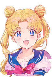  :d bishoujo_senshi_sailor_moon blonde_hair blue_eyes blue_sailor_collar blush bow brooch collarbone commentary_request double_bun female hair_bun heart heart_brooch inzup jewelry juuban_middle_school_uniform long_hair looking_at_viewer open_mouth red_bow sailor_collar school_uniform serafuku simple_background smile solo tsukino_usagi twintails upper_body white_background 