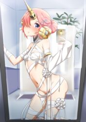  ass ayuayu_(shouyu_no_sato) bandaged_arm bandages bare_shoulders blue_eyes blush breasts cellphone commentary_request detached_sleeves fate/apocrypha fate/grand_order fate_(series) female frankenstein&#039;s_monster_(fate) frankenstein&#039;s_monster_(swimsuit_saber)_(fate) frankenstein&#039;s_monster_(swimsuit_saber)_(third_ascension)_(fate) hair_bun hair_ornament hair_over_one_eye horns kneeling looking_at_viewer mechanical_horns mirror naked_bandage navel phone pink_hair reflection sarashi single_hair_bun single_horn small_breasts smartphone solo 