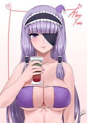  arm_at_side bikini blunt_bangs breasts christmas cleavage closed_mouth collarbone commentary_request cup darkmaya dream_c_club dream_c_club_(series) drink drinking_glass eyepatch eyepatch_bikini female frilled_hairband frills gradient_background hair_tubes hairband hat holding holding_cup large_breasts lips lolita_hairband long_hair looking_at_viewer mari_(dream_c_club) merry_christmas mini_hat nail_polish one_eye_covered pink_background purple_bikini purple_eyes purple_hat purple_nails santa_hat shiny_skin sidelocks signature smile solo straight-on straight_hair strapless strapless_bikini swimsuit tsurime upper_body 