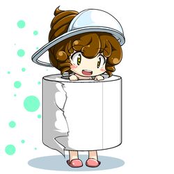  blush_stickers brown_hair chibi commentary_request drill_hair female hat highres open_mouth original personification red_star_(toranecomet) shit slippers smile solo squat_toilet standing toilet toilet_paper what yellow_eyes 