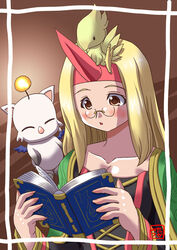  blonde_hair book chocobo commentary_request female final_fantasy final_fantasy_tactics horns long_hair moogle oborogumo_takamitsu robe single_horn summoner_(fft) 