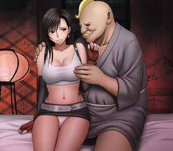  1boy ballpoint_pen_(medium) black_hair blush breasts brown_eyes cleavage closed_mouth crimson_comics crop_top don_corneo earrings elbow_gloves facial_hair fat fat_man female final_fantasy final_fantasy_vii fingerless_gloves gloves jewelry large_breasts long_hair midriff moustache navel nervous open_mouth panties skirt smile straight suspender_skirt suspenders tank_top tifa_lockhart traditional_media ugly_man underwear white_panties 