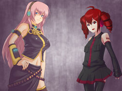  2girls ahoge aqua_eyes detached_sleeves drill_hair headphones headset kasane_teto long_hair megurine_luka multiple_girls nail_polish pink_hair red_eyes red_hair shirt_pocket simple_background skirt thighhighs utau vocaloid 