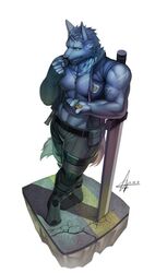  2015 abs anthro belt biceps biped blue_body blue_fur blue_hair blue_nipples boots bottomwear canid canine canis clothed clothing digital_media_(artwork) eating food footwear fruit fur hair jacket leaning legume male mammal mane mane_hair melee_weapon muscular muscular_anthro muscular_male nipples nut_(fruit) open_clothing open_jacket open_topwear pants peanut_(food) pecs plant raccoon21 scar simple_background solo standing sword topwear v-cut weapon white_background wolf yellow_eyes 