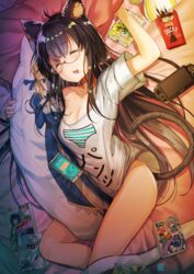  animal_ears aqua_(konosuba) arm_up artoria_pendragon_(fate) black_hair breasts cat_ears cat_girl cat_tail cellphone cleavage closed_eyes clothes_writing collarbone commentary dakimakura_(object) drooling emilia_(re:zero) eromanga_sensei fate/stay_night fate_(series) female food handheld_game_console hinatsuru_ai hiroki_(hirokiart) hugging_object implied_yuri izumi_masamune izumi_sagiri kono_subarashii_sekai_ni_shukufuku_wo! kuzuryuu_yaichi long_hair long_legs lying medium_breasts mole mole_under_mouth novel_(object) oerba_yun_fang off-shoulder_shirt off_shoulder on_back on_bed open_mouth original otaku panties phone pillow playstation_portable pocky re:zero_kara_hajimeru_isekai_seikatsu ryuuou_no_oshigoto! saber_(fate) satou_kazuma shirt sidelocks sleeping smartphone smile solo striped_clothes striped_panties tail thighs translated underwear very_long_hair white_shirt 