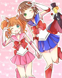  2girls amami_haruka ayuko_(ayuco) bishoujo_senshi_sailor_moon bishoujo_senshi_sailor_moon_s blue_sailor_collar bow brooch brown_hair cape choker commentary_request cosplay elbow_gloves gloves green_eyes hat heart heart_brooch idolmaster idolmaster_(classic) jewelry magical_girl mask multiple_girls one_eye_closed open_mouth p-head_producer photoshop_(medium) pink_choker pink_sailor_collar producer_(idolmaster) red_choker sailor_chibi_moon sailor_chibi_moon_(cosplay) sailor_collar sailor_moon sailor_moon_(cosplay) sailor_moon_pose sailor_senshi_uniform short_hair skirt smile star_brooch takatsuki_yayoi top_hat tuxedo tuxedo_kamen tuxedo_kamen_(cosplay) twintails w 