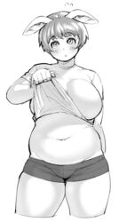  :o animal_ears arm_behind_back bad_id bad_tumblr_id belly blush breasts clothes_lift cowboy_shot cropped_legs elf-san_wa_yaserarenai. embarrassed female female_orc flying_sweatdrops greyscale hand_up large_breasts lifting_own_clothes looking_at_viewer monochrome navel oku_(elf-san_wa_yaserarenai) orc parted_lips pig_ears plump shirt shirt_lift short_hair short_shorts short_sleeves shorts simple_background solo standing surprised synecdoche t-shirt thick_thighs thighs white_background 