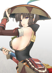  bare_shoulders bracelet breasts brown_hair commentary_request elbow_gloves female fingerless_gloves gloves hat jewelry kizuki_aruchu large_breasts monster_hunter_(character) monster_hunter_(series) monster_hunter_portable_3rd open_mouth pouch purple_eyes short_hair sideboob simple_background solo sword weapon yukumo_(armor) 