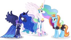  2015 absurd_res alicorn alpha_channel clothing dress equid equine feathered_wings feathers female feral friendship_is_magic group hasbro hi_res horn mammal my_little_pony mythological_creature mythological_equine mythology princess_celestia_(mlp) princess_luna_(mlp) sassy_saddles_(mlp) simple_background transparent_background unicorn vector-brony wings 