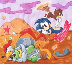  adventures_of_sonic_the_hedgehog anthro blue_eyes blue_hair broken canid canine eulipotyphlan fox green_eyes grounder_(adventures_of_sonic_the_hedgehog) hair hedgehog machine male mammal not_furry robot scratch_(adventures_of_sonic_the_hedgehog) sega smile sonic_the_hedgehog sonic_the_hedgehog_(series) tails 