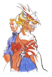  1990s_(style) 2boys adon_(street_fighter) bengus blonde_hair eagle_(street_fighter) grin headband mongkhon multiple_boys orange_hair retro_artstyle scar shirt short_hair sleeves_rolled_up smile spiked_hair street_fighter street_fighter_i street_fighter_zero_(series) topless_male 