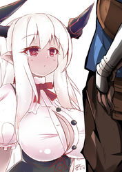  1boy borrowed_character breasts buttons center_opening closed_mouth colo_mag-chan commentary dated deksodba draph eyebrows female fighter_(granblue_fantasy) gran_(granblue_fantasy) granblue_fantasy hair_between_eyes horns imminent_paizuri large_breasts long_hair open_clothes open_shirt original pointy_ears puffy_short_sleeves puffy_sleeves red_eyes red_ribbon ribbon shirt short_sleeves simple_background solo_focus straight unbuttoned underbust white_background white_hair white_shirt 