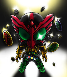  1boy belt chibi commentary_request kamen_rider kamen_rider_ooo kamen_rider_ooo_(series) male_focus medal meta_meta o_medal solo 