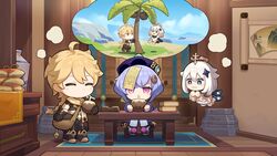  1boy 2girls aether_(genshin_impact) blonde_hair blue_eyes book book_stack braid chibi chinese_clothes coconut coconut_tree coin_hair_ornament drinking_straw drinking_straw_in_mouth fruit_cup full_body genshin_impact hair_ornament halo hat highres light_purple_hair long_hair mechanical_halo multiple_girls official_art paimon_(genshin_impact) palm_tree pink_hair qingdai_guanmao qiqi_(genshin_impact) romper short_hair single_braid tree vision_(genshin_impact) white_hair white_romper yellow_eyes 