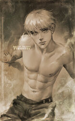  1boy abs arm_support armin_arlert art_of_neight artist_name artstation_logo brown_theme closed_mouth commentary deviantart_logo english_commentary facebook_logo facial_mark highres instagram_logo leaning_back lips logo looking_at_viewer looking_up male_focus monochrome navel nipples pants patreon_logo sepia shingeki_no_kyojin short_hair solo steam tiktok_logo toned toned_male topless_male twitch_logo twitter_logo 