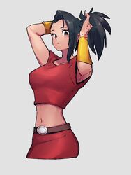  belt black_eyes black_hair breasts brown_belt commentary_request crop_top cropped_shirt dragon_ball dragon_ball_super female grey_background hands_up kale_(dragon_ball) kemachiku looking_at_viewer medium_breasts midriff navel ponytail red_shirt shirt short_hair simple_background solo 