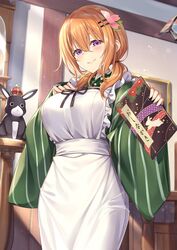  aged_up alternate_breast_size ama_usa_an_uniform anko_(gochiusa) apron black_ribbon blush breasts closed_mouth commentary cosplay cowboy_shot crown female frilled_apron frills gochuumon_wa_usagi_desu_ka? green_kimono hair_between_eyes hair_ornament hairclip highres hoto_cocoa indoors japanese_clothes kimono ks_(xephyrks) large_breasts long_hair long_sleeves looking_at_viewer low_twintails maid menu orange_hair purple_eyes rabbit ribbon smile solo striped_sleeves table translated twintails ujimatsu_chiya ujimatsu_chiya_(cosplay) wa_maid white_apron wide_sleeves 