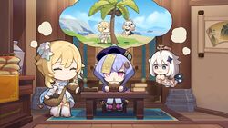  &gt;_&lt; 3girls blonde_hair blue_eyes book book_stack chibi chinese_clothes coconut coconut_tree coin_hair_ornament detached_sleeves dress drinking_straw drinking_straw_in_mouth flower fruit_cup full_body genshin_impact hair_flower hair_ornament halo hat highres light_purple_hair lumine_(genshin_impact) mechanical_halo multiple_girls official_art paimon_(genshin_impact) palm_tree pink_eyes purple_headwear qingdai_guanmao qiqi_(genshin_impact) romper short_hair_with_long_locks tree vision_(genshin_impact) white_dress white_flower white_hair white_legwear white_romper 