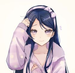  adjusting_hair arm_up bad_id bad_twitter_id beige_background blackfangs blue_hair blush bow bow_hairband closed_mouth collarbone commentary female hairband hairbow hand_on_own_chest hand_up highres long_hair long_sleeves looking_at_viewer notice_lines official_alternate_costume pajamas polka_dot polka_dot_pajamas purple_bow purple_eyes purple_hairband purple_pajamas shoujo_kageki_revue_starlight shoujo_kageki_revue_starlight_-re_live- sidelocks simple_background sleeves_past_wrists smile solo striped_clothes striped_pajamas swept_bangs symbol-only_commentary tomoe_tamao upper_body 