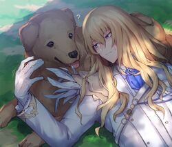  1boy ? androgynous animal ascot bishounen blonde_hair blue_ascot blue_brooch blue_eyes canine closed_mouth dappled_sunlight fate/grand_order fate_(series) feathers formal gloves gold_trim grass hair_between_eyes hand_up highres jacket kirschtaria_wodime long_hair long_sleeves looking_at_animal lying male_focus on_back on_grass on_ground outdoors sabamori shade solo suit sunlight sweatdrop tongue tongue_out white_feathers white_gloves white_jacket 