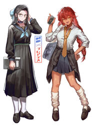  2girls ;d alternate_costume alternate_hairstyle bag black_choker black_eyes black_footwear black_hair black_nails black_serafuku blue_bow blue_neckerchief book bow braid brown_footwear choker clothes_around_waist commentary_request dark-skinned_female dark_skin glasses hairbow half_updo hand_on_own_hip hand_up holding holding_book holding_phone jacket jacket_around_waist loafers long_hair long_skirt looking_at_viewer loose_necktie loose_socks lupusregina_beta multiple_girls neckerchief necktie oerba_yun_fang one_eye_closed open_collar overlord_(maruyama) phone pleated_skirt red_hair school_bag school_uniform serafuku shirt shoes simple_background skirt smile socks standing translation_request tsugu0302 twin_braids white_background white_legwear white_shirt yellow_eyes yellow_necktie yuri_alpha 