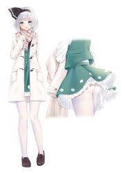  ass black_bow black_bowtie black_hairband black_ribbon blue_eyes blush bow bowtie brown_footwear buttons coat collared_coat commentary_request female frills full_body ghost_print green_skirt green_vest grey_hair hairband hand_up highres hitodama_print konpaku_youmu long_sleeves looking_at_viewer multiple_views open_clothes open_coat open_mouth pantyhose pink_scarf plaid plaid_scarf pocket ribbon scarf shirt shoes short_hair skirt smile standing touhou vest white_coat white_pantyhose white_shirt wide_sleeves y_na1211 