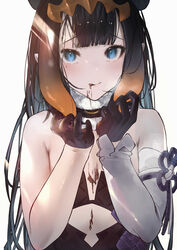  absurdres animal_ears bare_shoulders betabeet black_gloves black_hair black_leotard blue_eyes blunt_bangs blush breath chocolate chocolate_on_body chocolate_on_face closed_mouth commentary cutout_above_navel detached_collar english_commentary extra_ears eyelashes female flat_chest food food_on_body food_on_face fur-trimmed_collar fur_trim gloves gradient_hair heavy_breathing highres hololive hololive_english leotard licking_lips long_hair looking_at_viewer mole mole_under_eye multicolored_hair ninomae_ina&#039;nis ninomae_ina&#039;nis_(1st_costume) orange_hair pointy_ears sidelocks simple_background single_sleeve smile solo straight_hair tentacle_hair tiara tongue tongue_out two-tone_hair upper_body very_long_hair virtual_youtuber white_background 