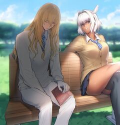  1boy animal_ears bench bishounen black_legwear blonde_hair blurry blurry_background book caenis_(fate) closed_eyes crossed_legs dark-skinned_female dark_skin day fate/grand_order fate_(series) female gloves hair_intakes highres kirschtaria_wodime long_hair necktie outdoors sabamori school_uniform single_thighhigh sitting sleeping sweater thighhighs white_gloves white_hair 