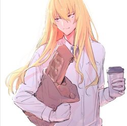  1boy bag bishounen blonde_hair bread cup disposable_coffee_cup disposable_cup fate/grand_order fate_(series) food gloves highres kirschtaria_wodime long_hair male_focus paper_bag sabamori solo white_background white_gloves 