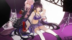  2girls animal_ears back-to-back belt black_hair checkered_clothes checkered_skirt crop_top cup disposable_coffee_cup disposable_cup drinking drinking_straw girls&#039;_frontline girls&#039;_frontline_neural_cloud gloves highres holding_hands kuroduki_(pieat) long_hair long_sleeves looking_at_viewer looking_back midriff multiple_girls nanaka_(iris-colored_holiday)_(neural_cloud) nanaka_(neural_cloud) navel official_alternate_costume one_eye_closed persicaria_(mocha_chorus)_(neural_cloud) persicaria_(neural_cloud) photo_shoot pink_eyes pink_hair purple_eyes purple_skirt red_gloves shoes sitting skirt smile sneakers socks stomach studio_lights thighhighs v very_long_hair white_sneakers white_socks white_thighhighs zettai_ryouiki 