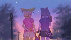  2girls animal_ears black_skirt blonde_hair blue_sweater bow bowtie candy common_raccoon_(kemono_friends) cowboy_shot elbow_gloves evening extra_ears fennec_(kemono_friends) food fox_ears fox_girl fox_tail from_behind fur_collar fur_trim gloves grey_gloves grey_hair grey_legwear imnim_leef kemono_friends multicolored_hair multiple_girls pantyhose pink_sweater pleated_skirt puffy_short_sleeves puffy_sleeves raccoon_ears raccoon_girl raccoon_tail short_hair short_sleeves skirt sweater tail thighhighs two-tone_hair white_fur white_hair white_skirt yellow_bow yellow_bowtie yellow_gloves yellow_legwear zettai_ryouiki 