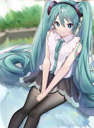  aqua_eyes aqua_hair aqua_necktie bare_arms black_pantyhose black_skirt closed_mouth commentary female hair_between_eyes hair_ornament hands_on_lap hatsune_miku hatsune_miku_(nt) highres long_hair looking_at_viewer necktie own_hands_together pantyhose piapro pleated_skirt shiroserika shirt shoulder_tattoo sitting skirt sleeveless smile solo tattoo twintails very_long_hair vocaloid white_shirt 