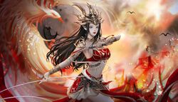  artist_request bare_legs bird black_hair cai_lin_(doupo_cangqiong) closed_mouth doupo_cangqiong earrings female fire hair_ornament highres jewelry leg_up long_hair phoenix red_skirt red_tank_top second-party_source skirt smoke solo tank_top whip 