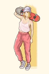  absurdres artist_name beanie blonde_hair breasts camisole chainsaw_man commentary covered_nipples english_commentary female full_body hat highres holding holding_skateboard inigoiio no_bra pants red_eyes sawatari_akane_(chainsaw_man) see-through shoes skateboard slit_pupils small_breasts sneakers solo spaghetti_strap track_pants white_camisole 