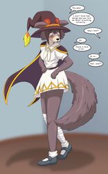  5:8 after_transformation anthro beastars blush breasts canid canine canis cape clothing dialogue english_text female footwear hat headgear headwear hi_res juno_(beastars) konosuba:_god&#039;s_blessing_on_this_wonderful_world! mammal megumin_(konosuba) offscreen_character runningtoaster shoes simple_background solo standing surprise text witch_hat wolf 