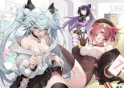  3girls absurdres bare_shoulders black_hair blue_eyes blue_nails breasts capsule cleavage florence_(drugged_chocolate)_(neural_cloud) florence_(neural_cloud) food girls&#039;_frontline girls&#039;_frontline_neural_cloud hair_ornament hairclip highres indoors jacket kac-pdw_(girls&#039;_frontline) kneeling lifting_own_clothes long_hair looking_at_viewer lying microskirt multiple_girls official_alternate_costume open_clothes open_jacket pa-15_(girls&#039;_frontline) purple_eyes purple_hair red_eyes red_hair shanyao_jiang_tororo short_hair sideboob skirt standing tongue tongue_out twintails white_nails willow_(neural_cloud) 