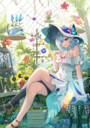  black_thighhighs blue_bow blue_bowtie blue_dress blue_eyes blue_flower blue_hair blue_nails book bow bowtie breasts brown_footwear bucket closed_mouth commentary crossed_legs dress elbow_gloves eyes_visible_through_hair feet_out_of_frame female fingernails flask flower gloves greenhouse hair_over_one_eye hand_up hanging_plant hat high_heels highres indoors long_hair looking_at_viewer microscope nail_polish on_stool orange_flower original pink_flower red_flower red_ribbon ribbon sakatsuki_yakumo single_bare_leg single_elbow_glove single_thighhigh sitting small_breasts smile solo sunflower thighhighs two-tone_dress white_dress white_gloves white_hat witch_hat yellow_flower 