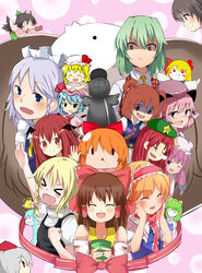  &gt;_&lt; 6+girls absurdres alice_margatroid beret black_hair black_vest blonde_hair blue_dress blue_eyes blue_hair blush bow braid brown_hair brown_horns capelet chibi cirno cirno_(cookie) closed_eyes closed_mouth collared_shirt colored_skin commentary_request cookie_(touhou) cup daiyousei diyusi_(cookie) dress everyone flandre_scarlet flying garbage_(cookie) genpatsu_(cookie) green_bow green_hair hair_between_eyes hairbow hakurei_reimu hat hat_ornament head_wings highres hinase_(cookie) holding holding_cup hong_meiling horns ibuki_suika inu_(cookie) inubashiri_momiji izayoi_sakuya kazami_yuuka kirisame_marisa koakuma light_purple_hair long_hair looking_at_viewer looking_to_the_side macota_(cookie) medicine_melancholy medium_hair mob_cap multiple_girls mystia_lorelei nadeko_(cookie) nose_bubble onozuka_komachi open_mouth orange_hair patchouli_knowledge pink_hair plaid plaid_vest purple_bow purple_eyes purple_hair red_bow red_eyes red_hair red_vest reiuji_utsuho remilia_scarlet reu_(cookie) rumia shaded_face shameimaru_aya shirt shishou_(cookie) short_hair side_ponytail sleeping smile solid_oval_eyes star_(symbol) star_hat_ornament tearing_up the_chicken_that_appears_in_the_middle_of_cookie tokin_hat tori_(cookie) touhou triangle_mouth tsurikichi_obasan twin_braids twintails upper_body uzuki_(cookie) vest white_capelet white_shirt white_skin wings yamin_(cookie) yumekamaborosh yunomi yuzuyu_(cookie) 