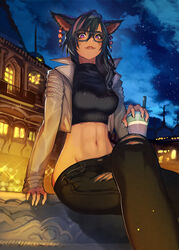  animal_ears black_hair black_pants black_sweater cat_ears cat_girl closed_mouth collared_jacket crop_top cropped_jacket cropped_sweater crossed_legs earrings facial_mark female final_fantasy final_fantasy_xiv glasses hand_rest hide_(hideout) highres jacket jewelry linea_alba lips long_hair long_sleeves looking_at_viewer lowleg lowleg_pants midriff miqo&#039;te navel night night_sky open_clothes open_jacket painttool_sai_(medium) pants photoshop_(medium) purple_eyes sitting sky slit_pupils smile solo star_(sky) starry_sky stomach sweater toned torn_clothes torn_pants warrior_of_light_(ff14) whisker_markings 