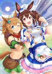  2girls :d ;) animal_ears apron armband bare_shoulders blue_eyes blue_sky breasts brown_gloves brown_hair chikabo_m choker cleavage clenched_hands cloud collarbone commentary cowboy_hat cowboy_shot day detached_sleeves dress food_print frilled_apron frilled_dress frills gloves green_armband green_shirt green_sleeves gun hair_between_eyes hair_ornament hair_ribbon hand_on_another&#039;s_shoulder hands_up hat hat_on_back hishi_akebono_(umamusume) holster holstered horse_ears horse_girl horse_tail large_breasts leaning_forward lens_flare long_hair looking_at_viewer midriff mini_hat multicolored_clothes multicolored_dress multiple_girls navel one_eye_closed open_mouth ponytail red_eyes red_scarf ribbon scarf sheriff_badge shirt short_sleeves sidelocks skirt sky smile standing star_(symbol) star_hair_ornament striped_clothes striped_dress sun taiki_shuttle_(umamusume) tail tied_shirt twintails twitter_username umamusume watermark weapon white_apron white_choker white_ribbon wrist_cuffs 