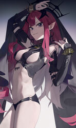  absurdres arm_up baobhan_sith_(fate) baobhan_sith_(second_ascension)_(fate) black_nails black_panties bracelet breasts crop_top detached_sleeves earrings fate/grand_order fate_(series) female highres hoop_earrings jewelry long_hair looking_at_viewer medium_breasts panties parted_lips pointy_ears red_hair smile solo spiked_bracelet spikes underwear veil very_long_hair zhoi_star 