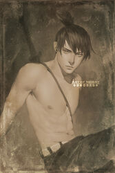  1boy abs arm_support art_of_neight artist_name artstation_logo belt brown_theme chainsaw_man closed_mouth commentary cowboy_shot deviantart_logo earrings english_commentary facebook_logo hayakawa_aki highres instagram_logo jewelry logo looking_at_viewer male_focus monochrome nipples pants patreon_logo sepia sitting solo stud_earrings sword tiktok_logo topknot topless_male twitch_logo twitter_logo weapon weapon_on_back 