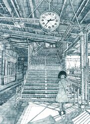  absurdres arrow_(symbol) bag clock crosshatching female hatching_(texture) highres looking_at_viewer monochrome no_nose original railroad_tracks shadow shihatsu-chan_(densya_t) shoes short_hair short_sleeves shoulder_bag solo stairs tactile_paving train_station train_station_platform 